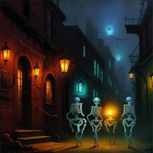 Surreal Skeletons Dance Disco in a Mysterious Alleyway