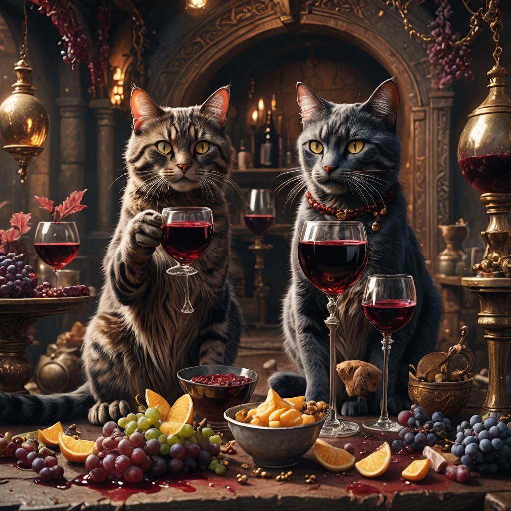 Two Cats Drinking Red Wine, Detailed Matte Painting