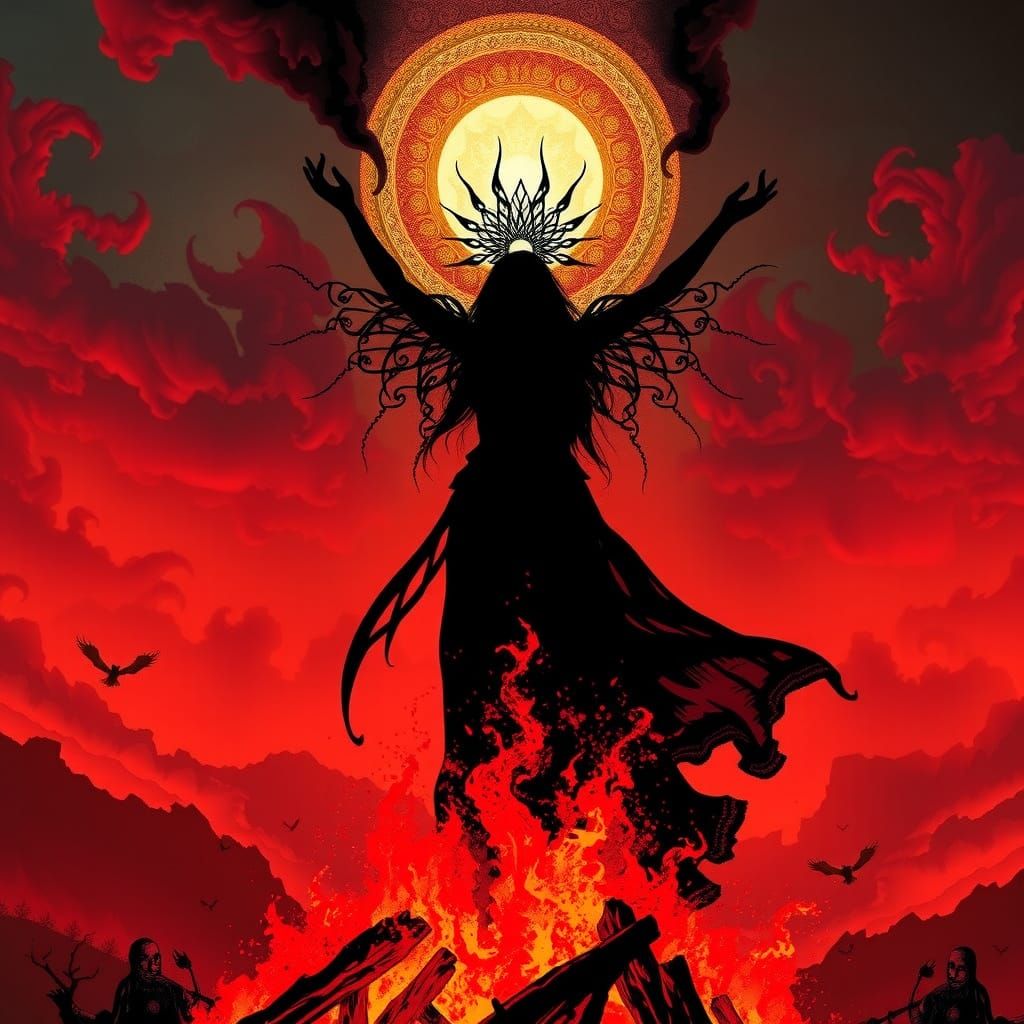 Celtic Goddess Morrigan Silhouette Over Samhain Bonfire