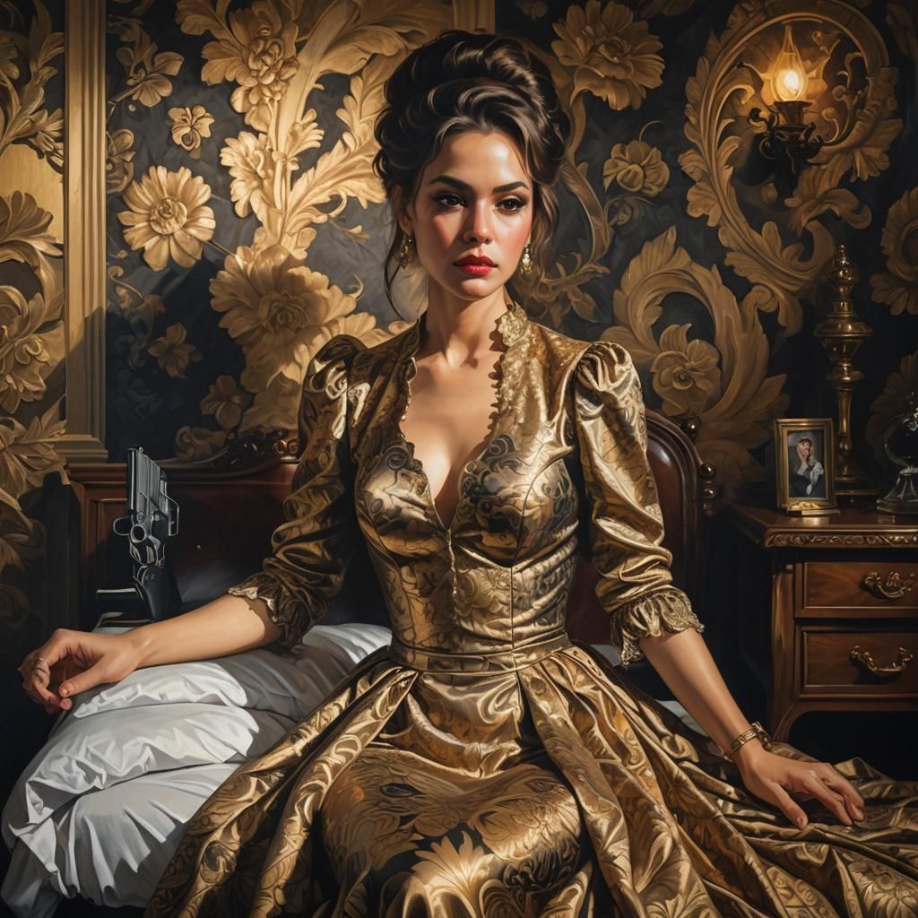 Romantic Oil Painting: Woman with Gun on Nightstand