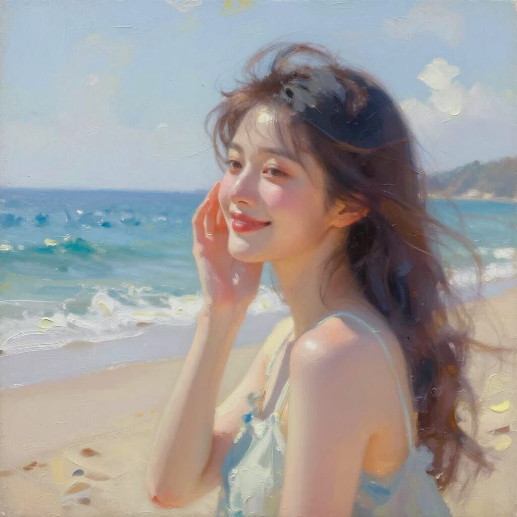 Ethereal Woman Listening to Sea on Deserted Beach Oil Painti...