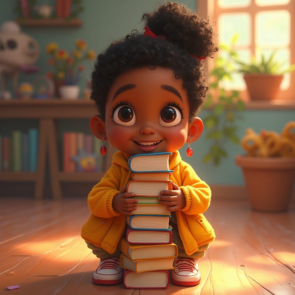 Festive Portrait of Smiling Child with Books, Pixar Style