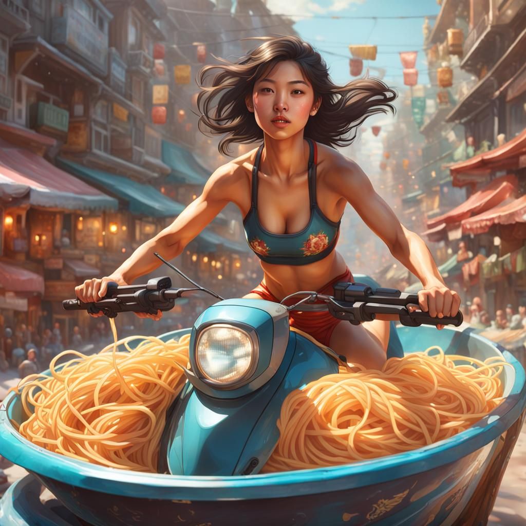 Woman on Snowmobile in Spaghetti, Detailed Digital Art