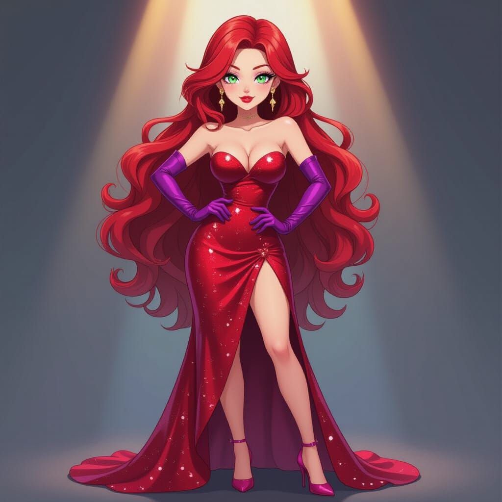 Statuesque Anime Woman in Red Sequined Dress