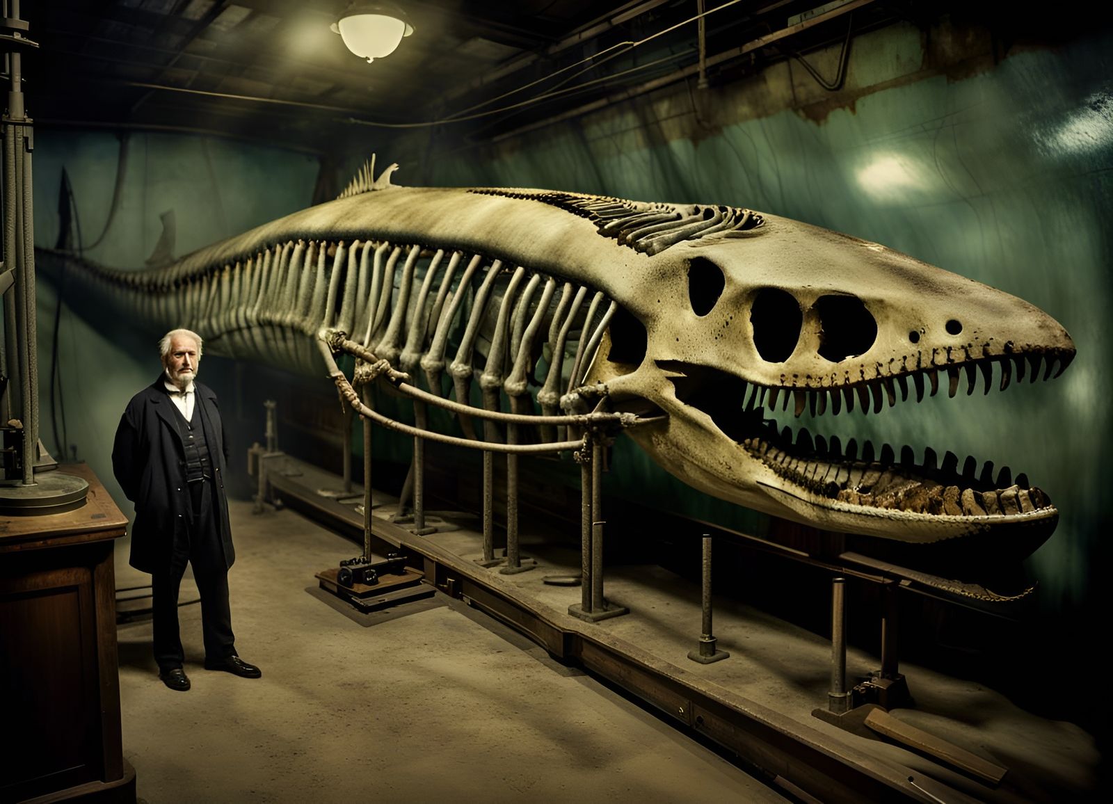 Elasmosaurus Skeleton Submarine in Shadow Bunraku Aesthetic