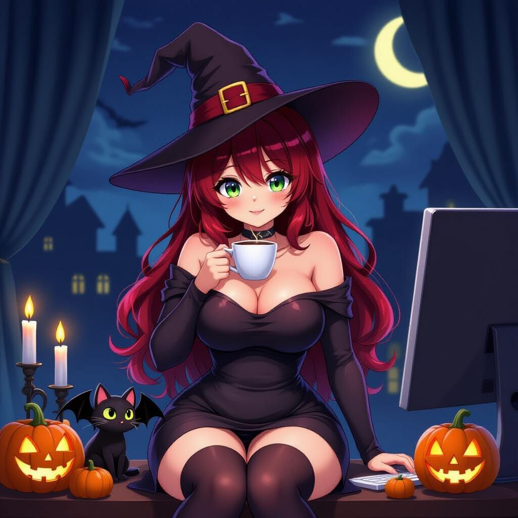 Anime Witch with Crimson Hair and Coffee