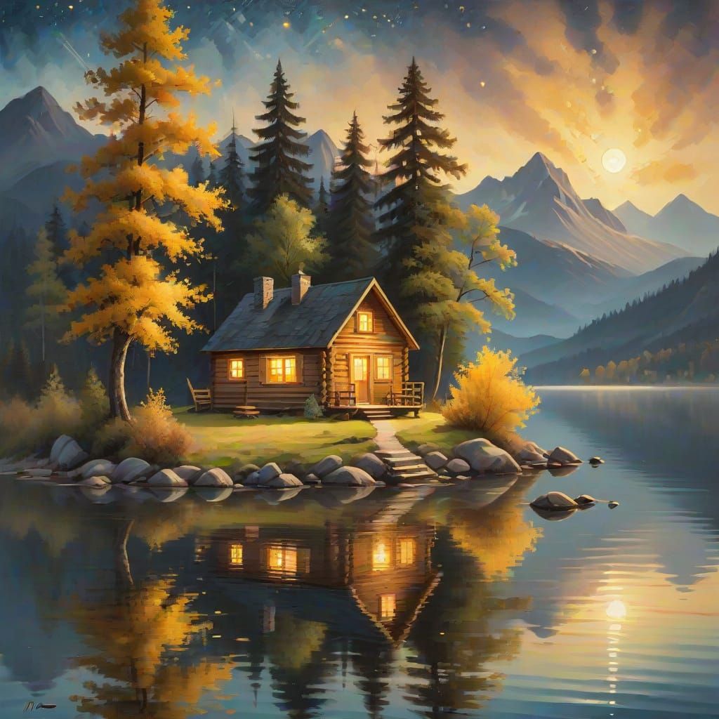 Golden Serenity: Autumnal Lake Landscape at Twilight