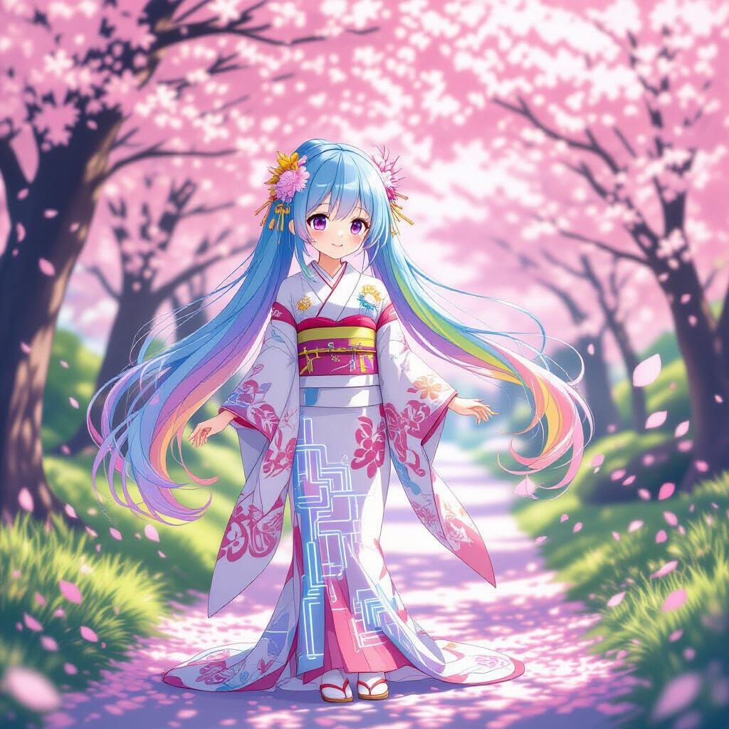 Anime Girl in Cherry Blossom Garden, Ghibli Style