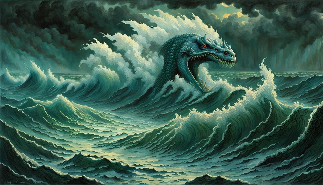 Sea Monster Wave Engulfs Ships: Sinister Engraving