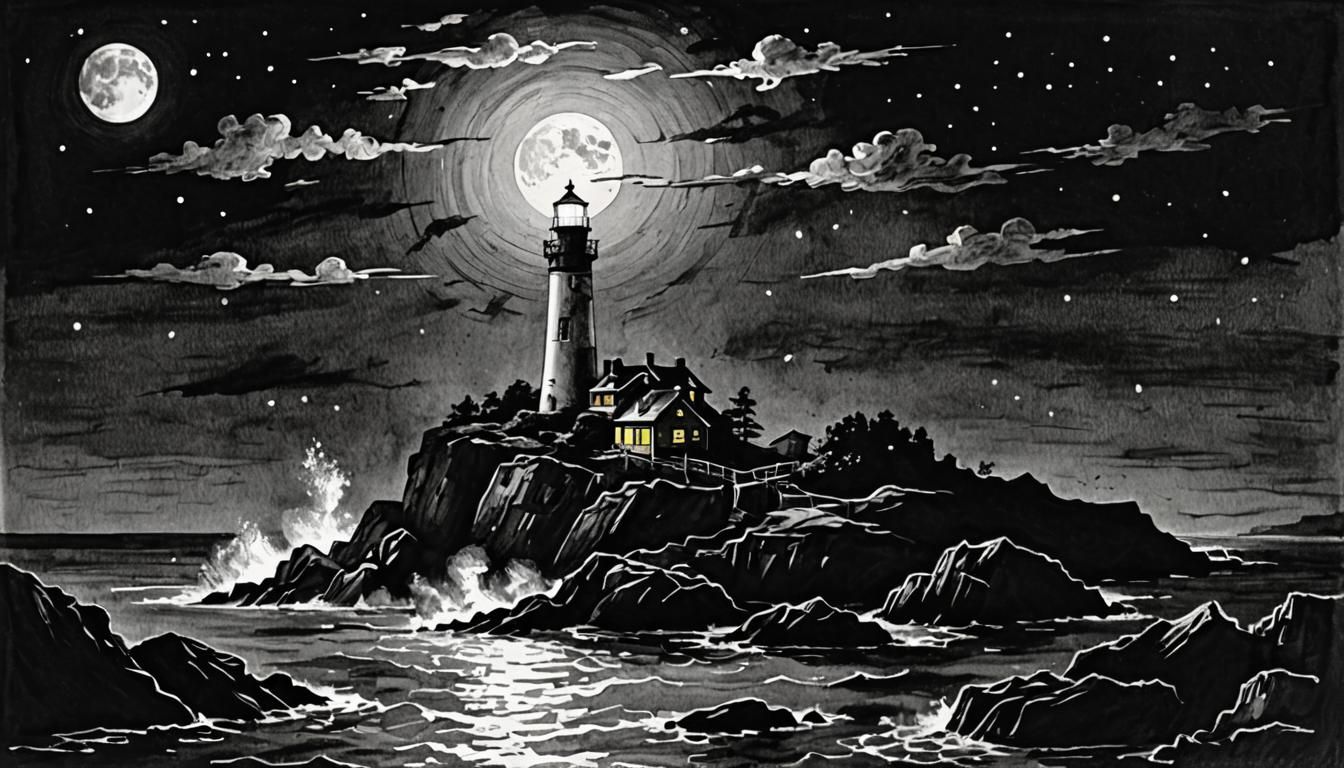 Moonlit Lighthouse: Ink Drawing in Chiaroscuro Style