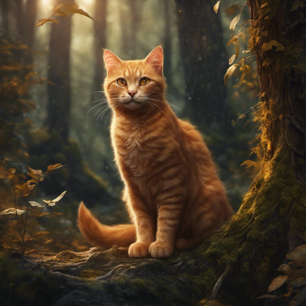 Ginger Cat in Oak Forest: Fantasy Concept Art