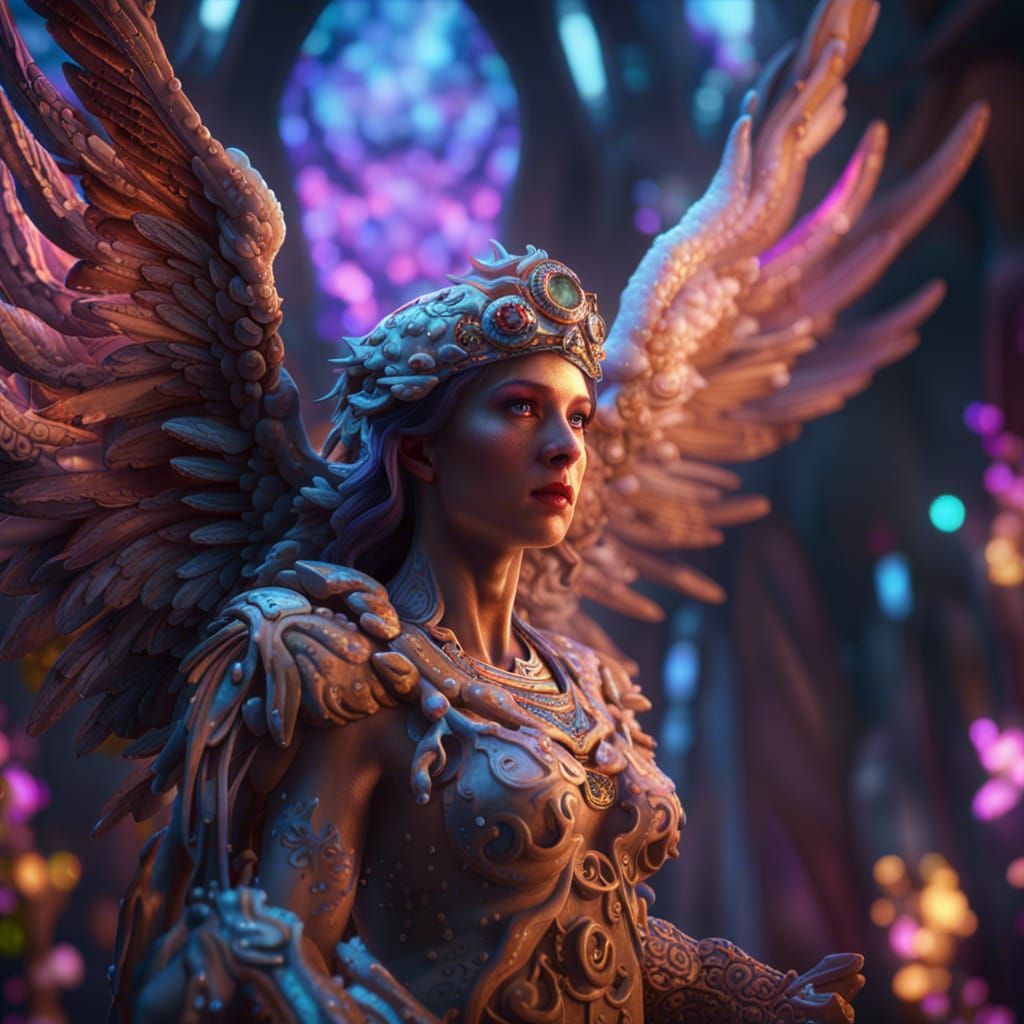 Psychedelic Angel in 3D Game Cinematic Style