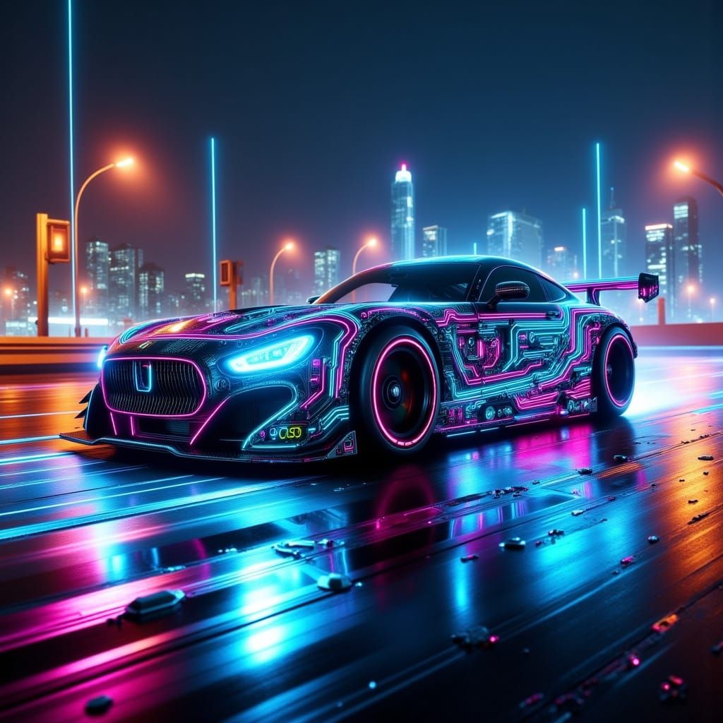 Neon Circuit Racer Speeding Through Cyberpunk City