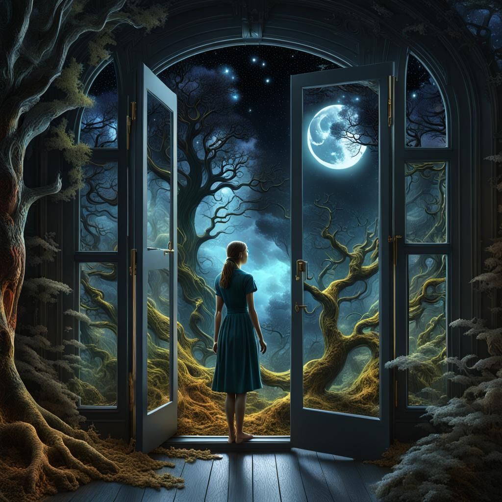 Surreal Nervous System Woman Enters Forest: Matte Painting