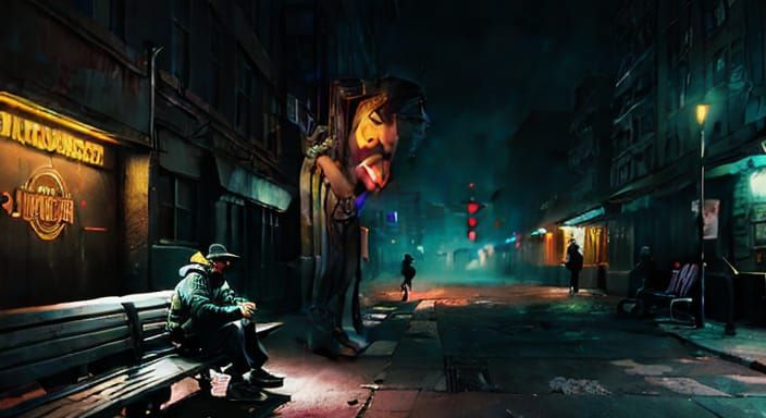 Cyberpunk Homeless Man Reading Book in Neon Alley