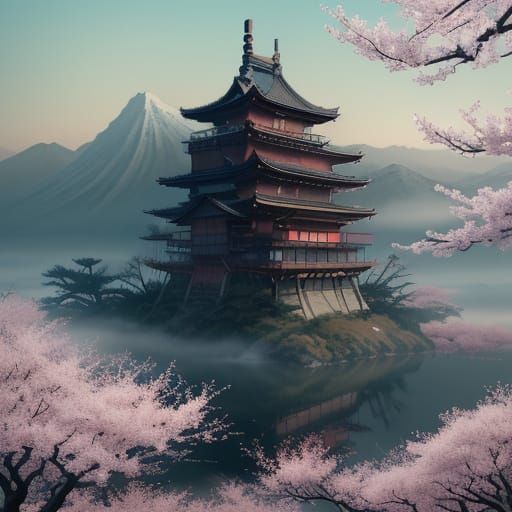 Samurai Meditating on Floating Peak in Ukiyo-e Style