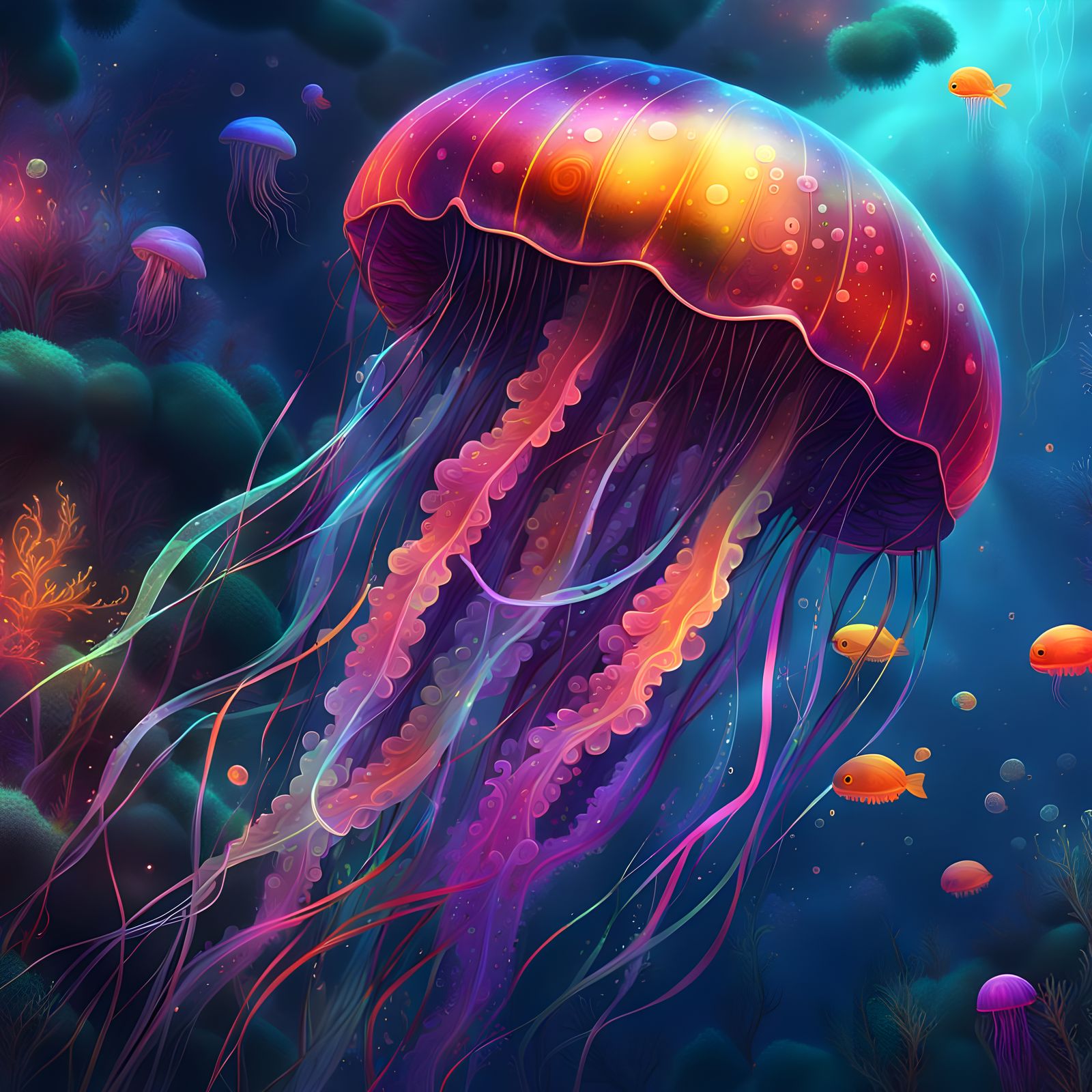 Enchanted Jellyfish in Neon Underwater World