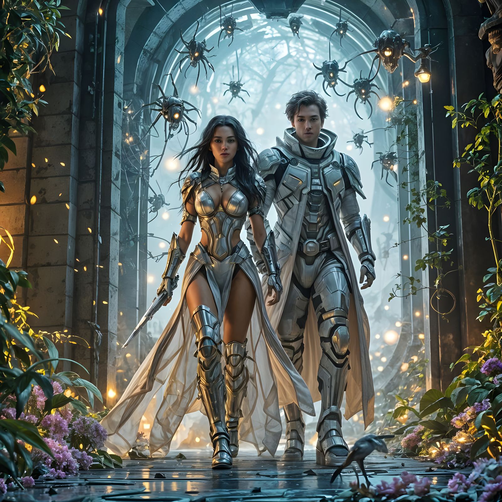 Futuristic Warriors Battle Space Creatures