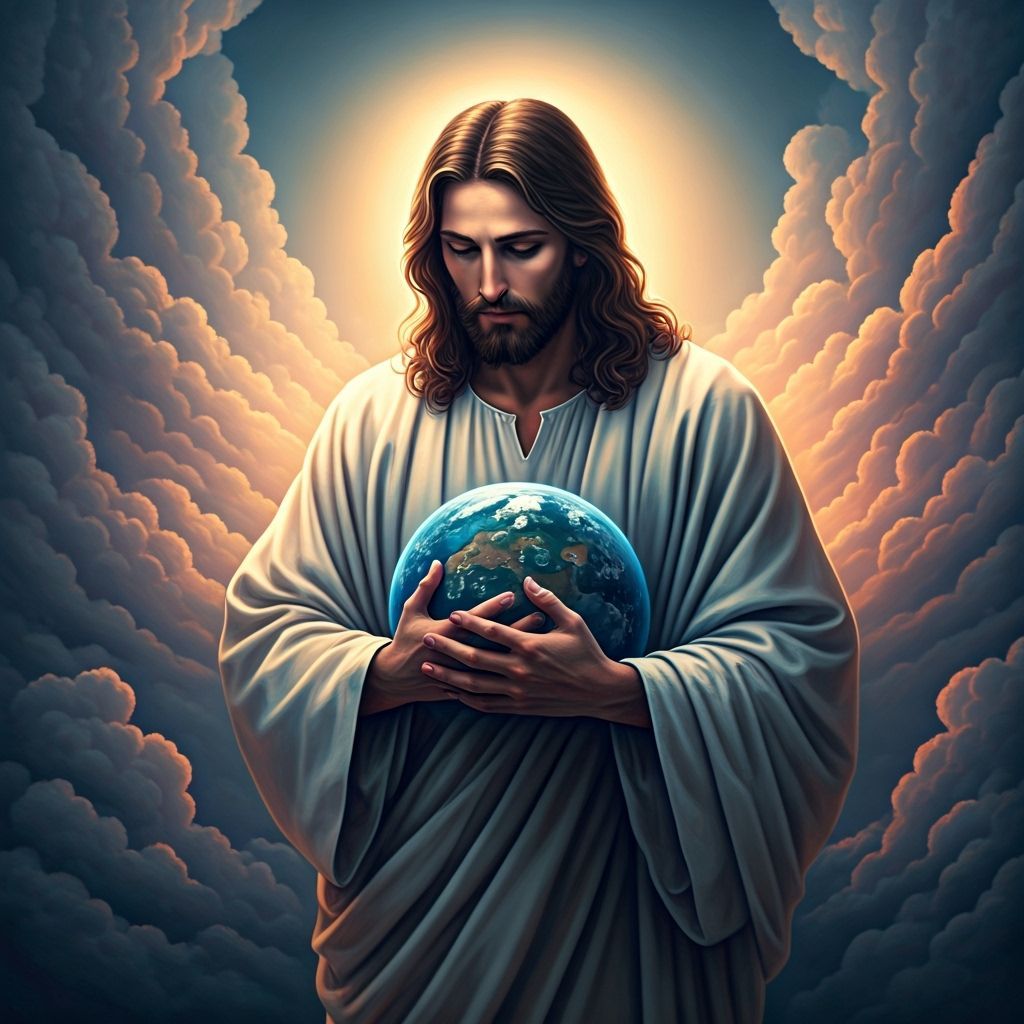 Jesus Cradling Earth in Dreamy Ethereal Landscape Art