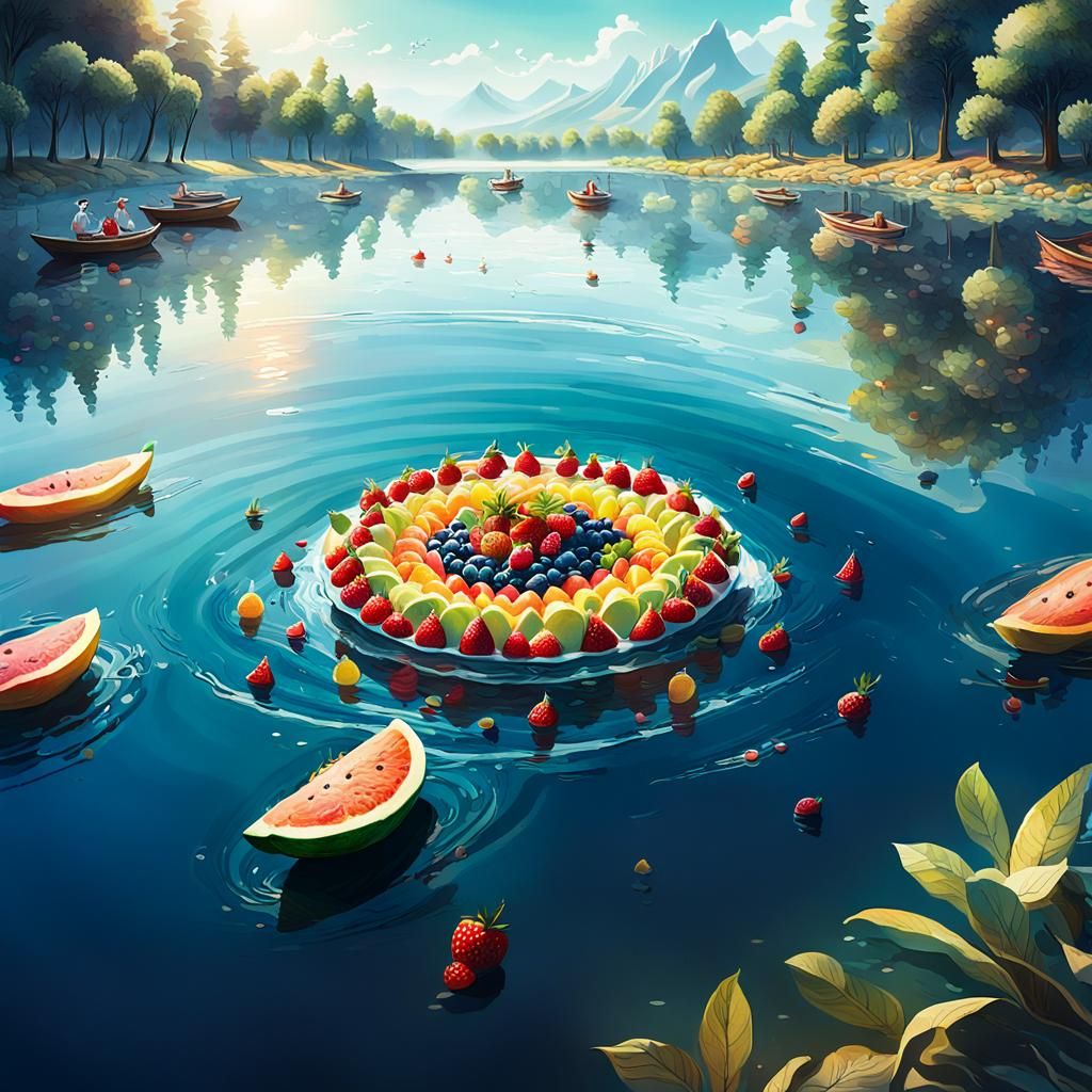 Enormous Fruit Salad in Lake: Fantastical Concept Art