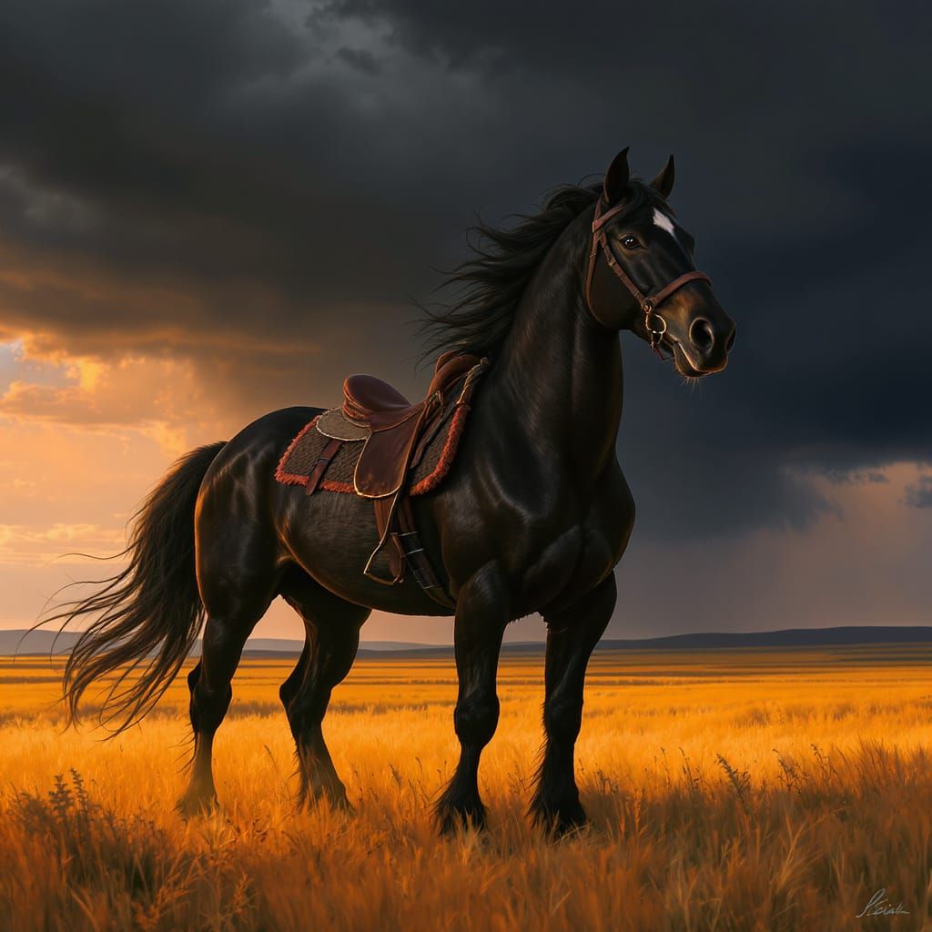 Majestic Black Stallion on the Prairie at Sunset