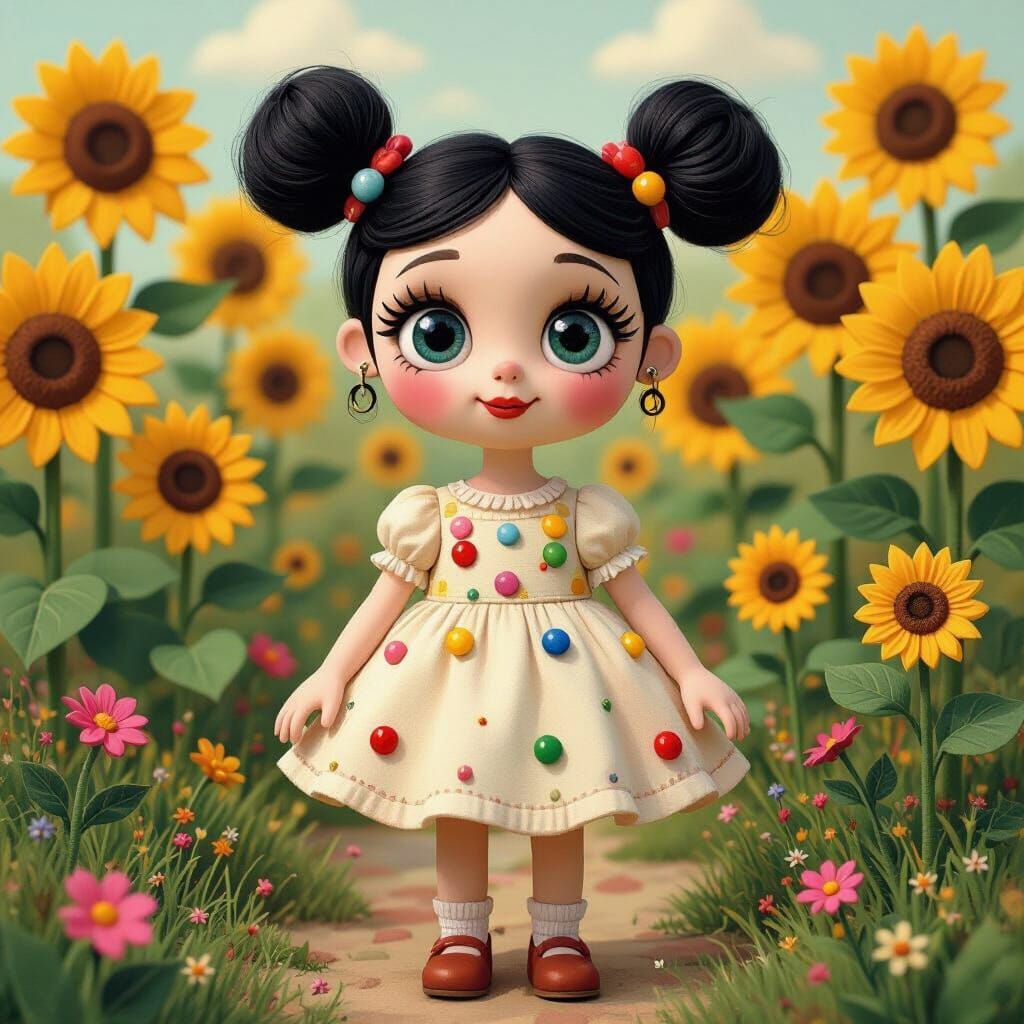 Whimsical Clay Girl in Gumball Button Dress and Sunflower Ga...