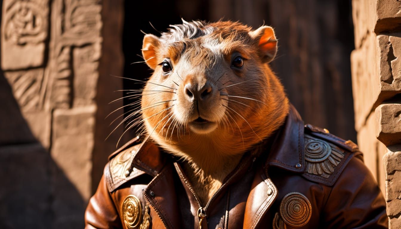 Capybara Indiana Jones Exploring Aztec Temple in Hyperrealis...