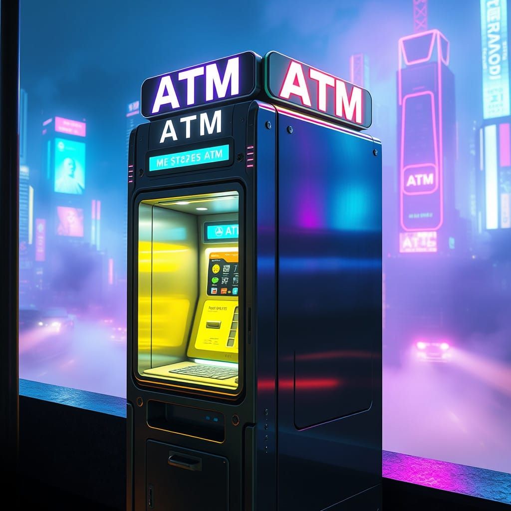 Futuristic ATM Illuminated by Neon Lights at Night
