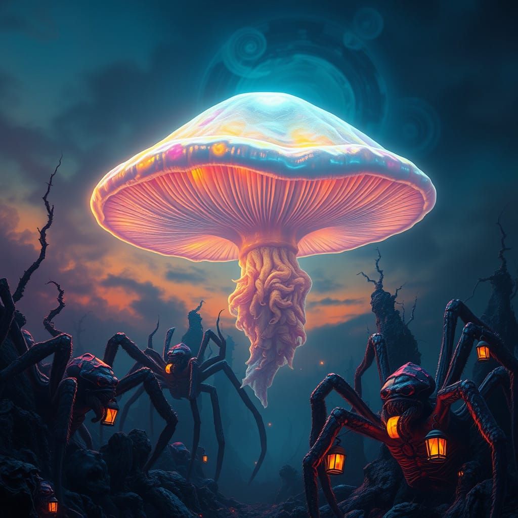 Glowing Translucent Fungal Deity in a Twisted, Dreamlike For...