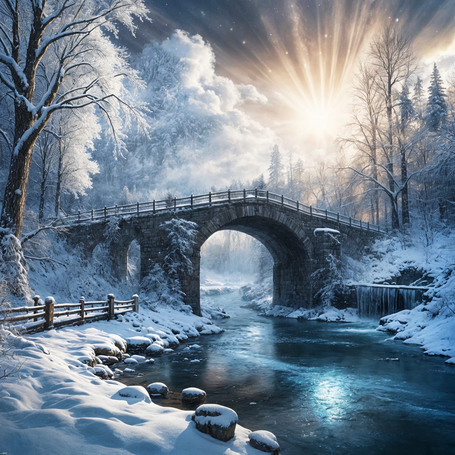 Enchanting Winter Landscape Painting of Frozen River and Sto...