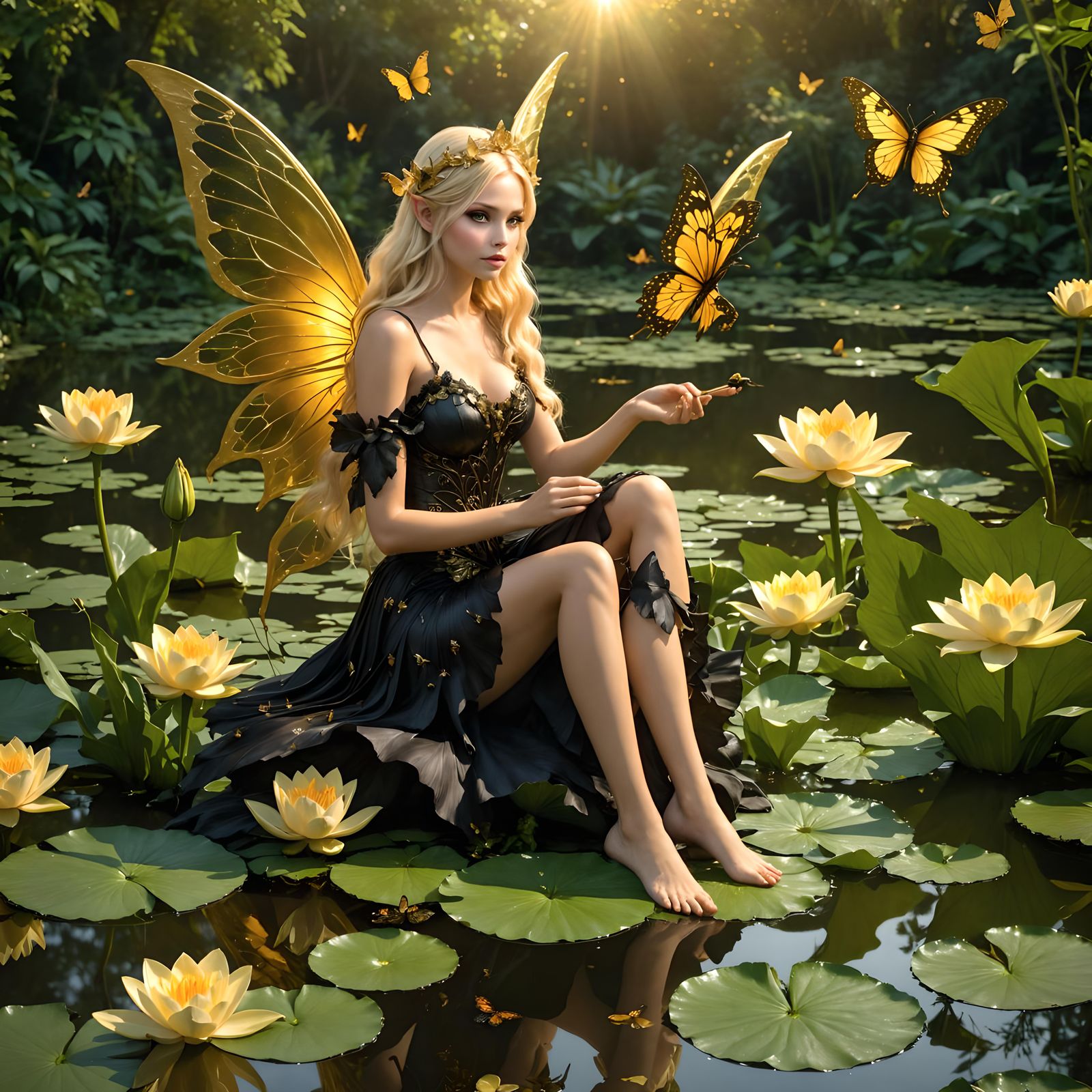 A  beautiful blonde fairy wearing black designer fairy oufit...