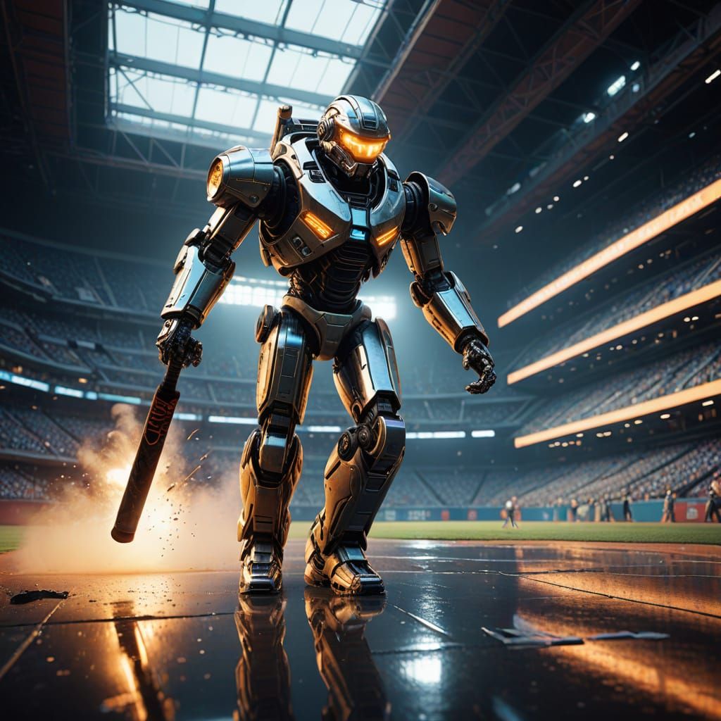 Sci-Fi Robot Baseball Player in Syd Mead Style