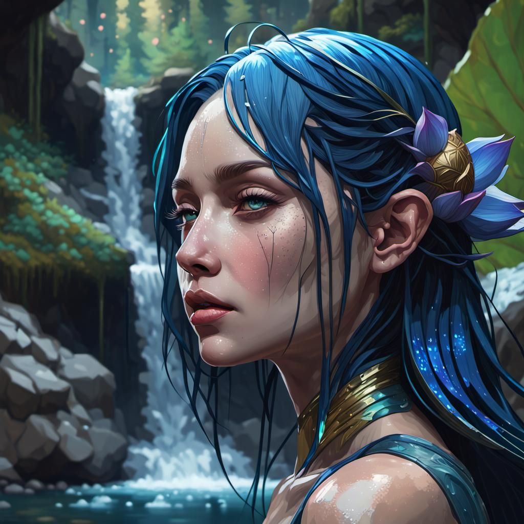 Vibrant Blue Lotus in Cyberpunk Landscape