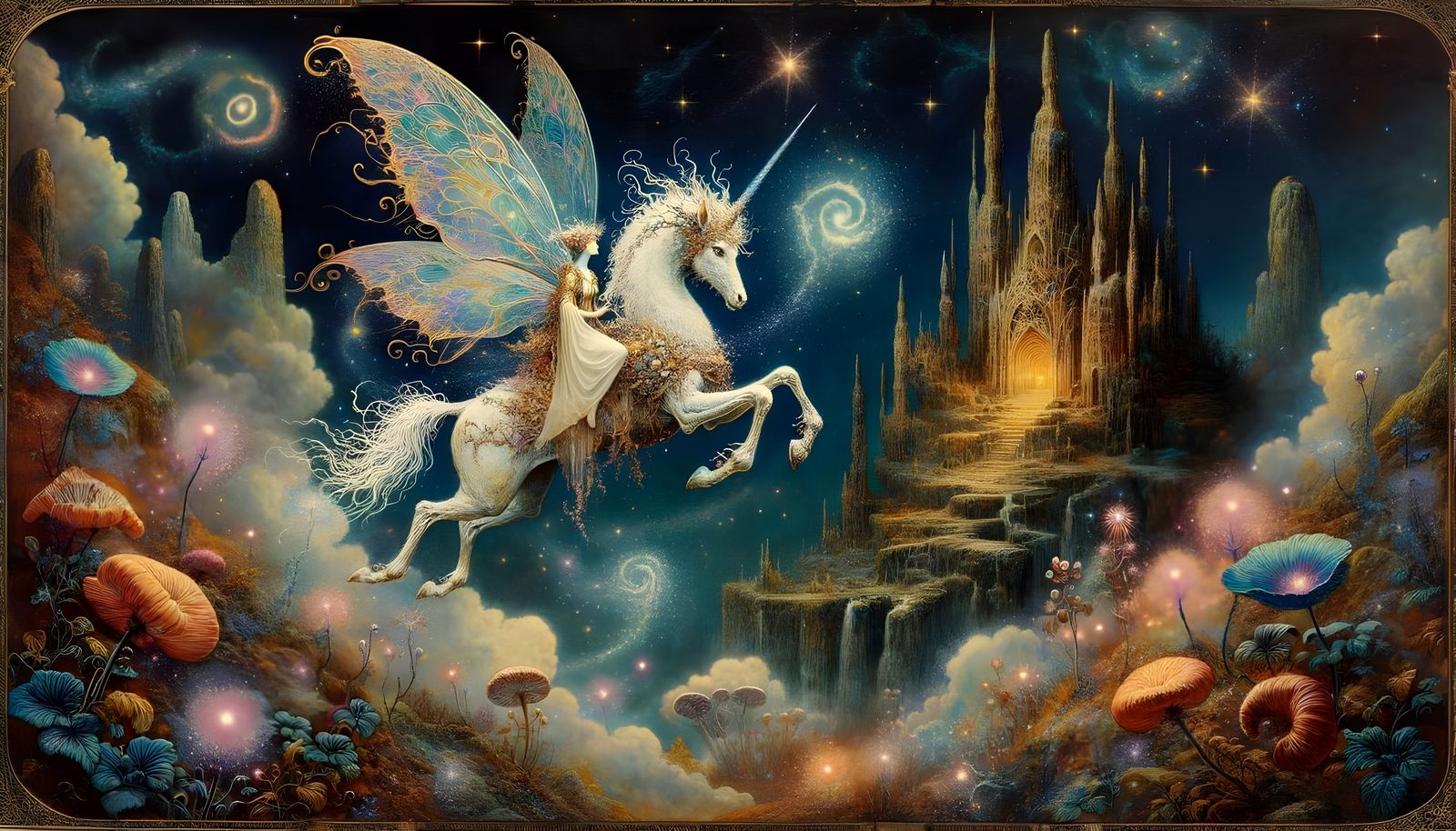 Fairy Riding Luminescent Kirin Through Enchanted Night Sky