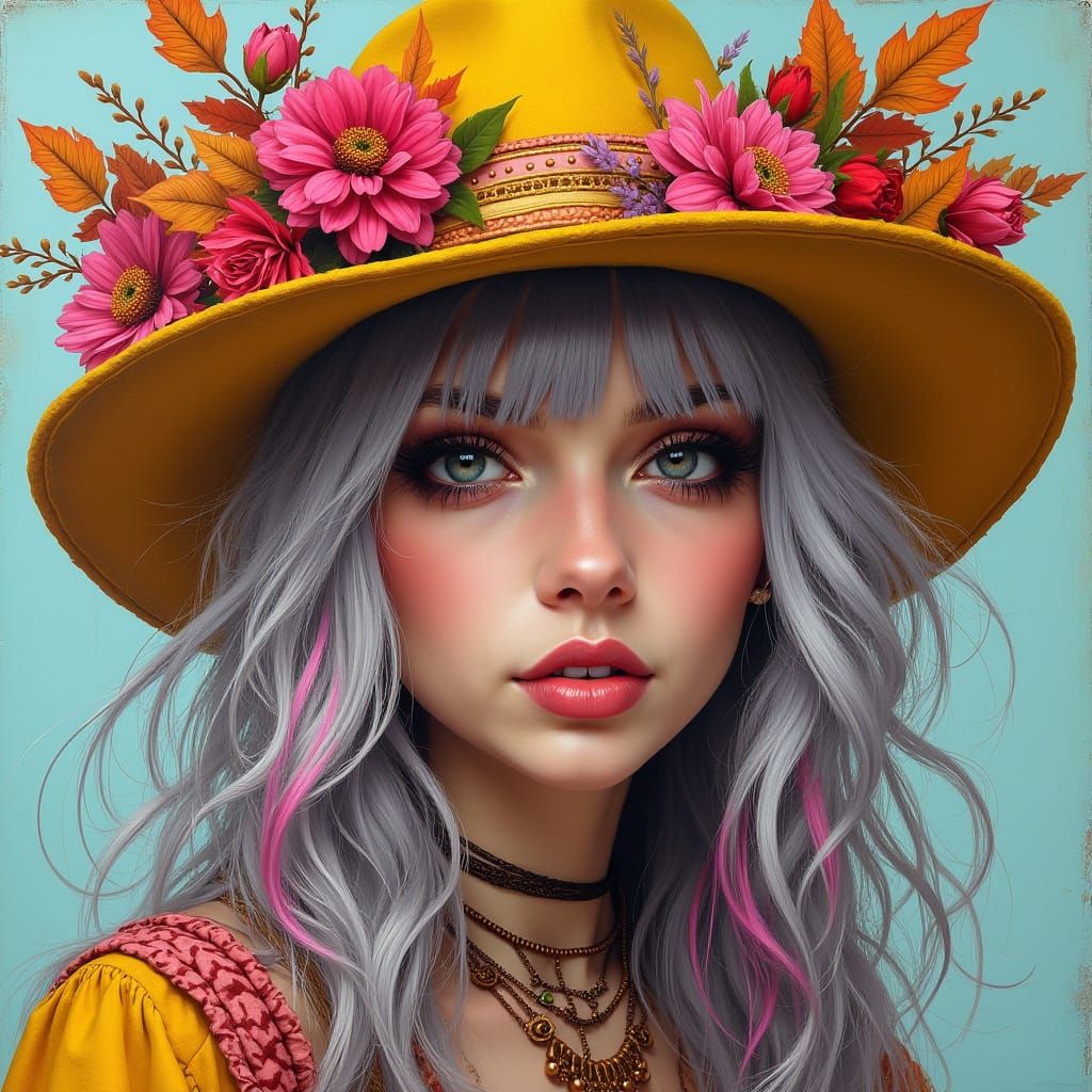 Striking Woman with Silver Hair and Floral Hat in Street Art...