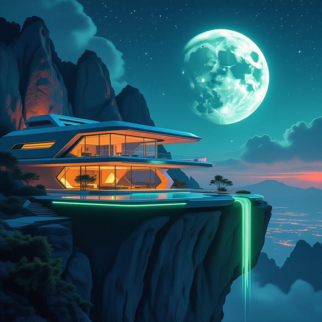Futuristic Cliffside Villa in Cyberpunk Style