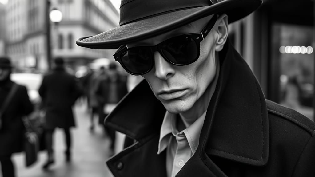 Hyper Realistic Black and White Spy Portrait in Black Attire