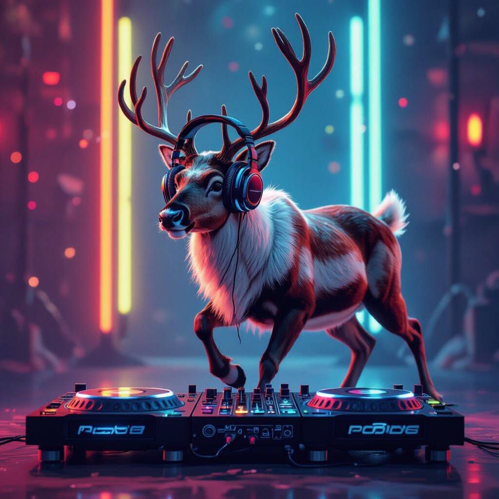 Hyperrealistic Reindeer DJ in Neon Lights