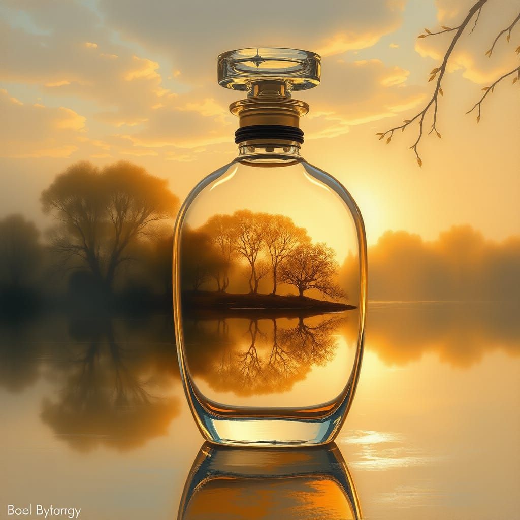 Ethereal Lake Scene in an Impressionistic Perfume Bottle
