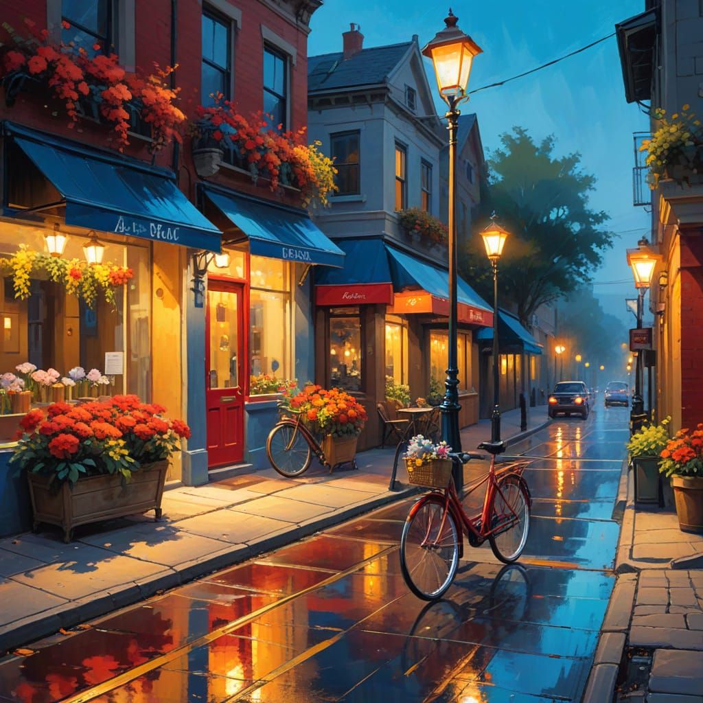 Vibrant Cityscape Digital Painting with Red & Yellow Accents