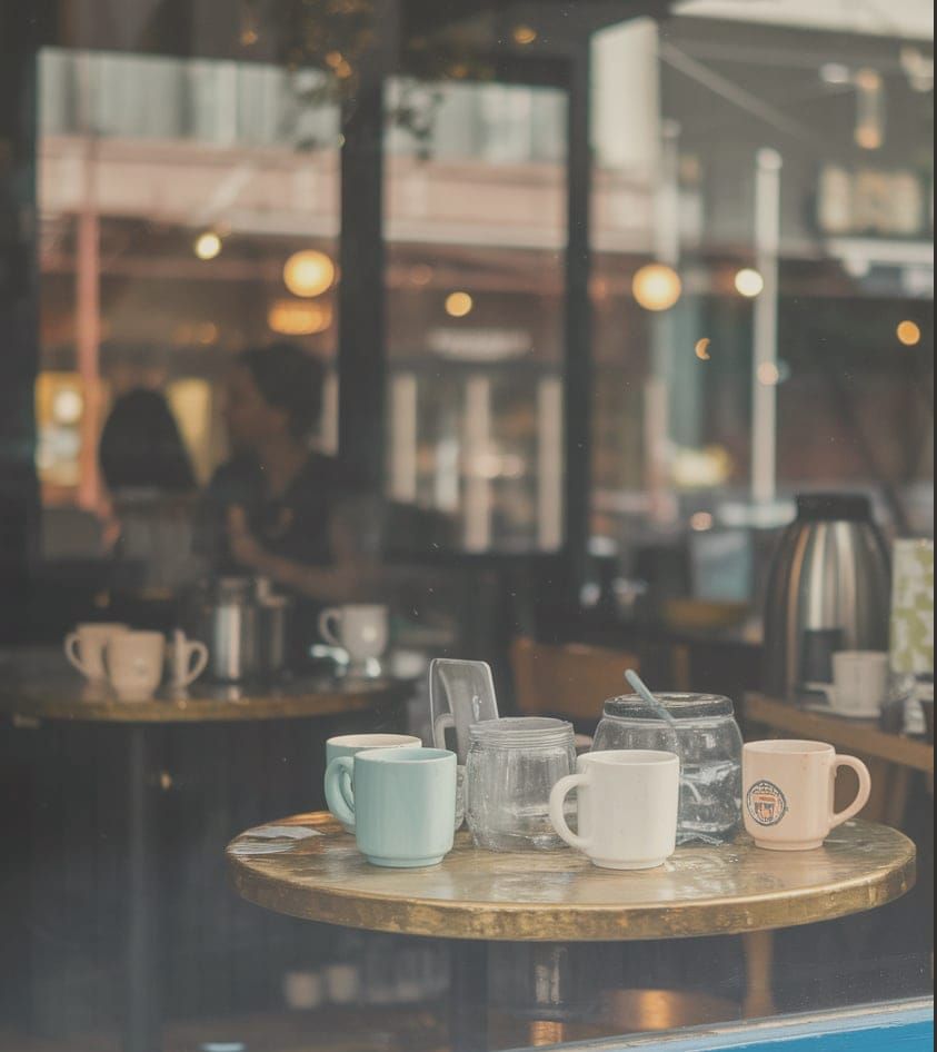 Coffee Shop Scene with Romantic Reflections