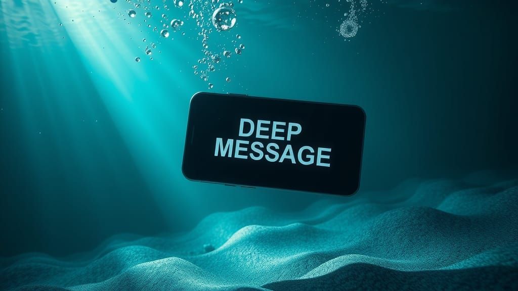 Hyperrealistic Phone Displaying Deep Message Underwater