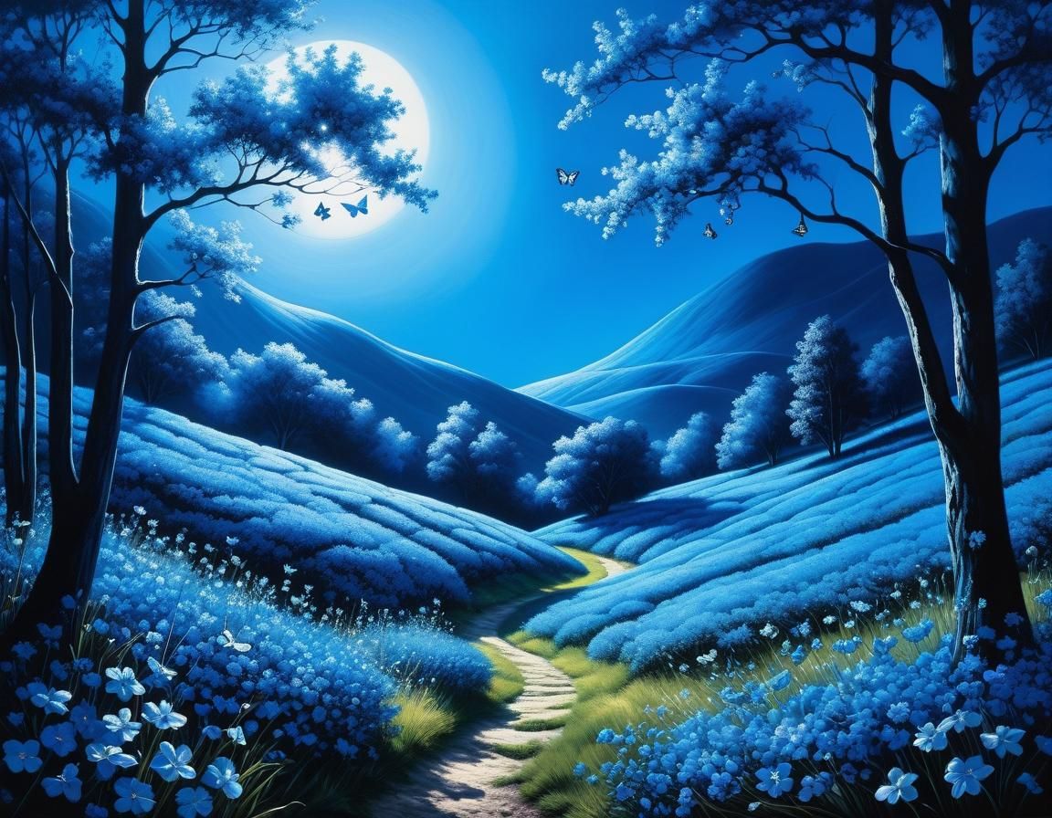 Hyperrealistic Fluorescent Blue Landscape in Hockney Style