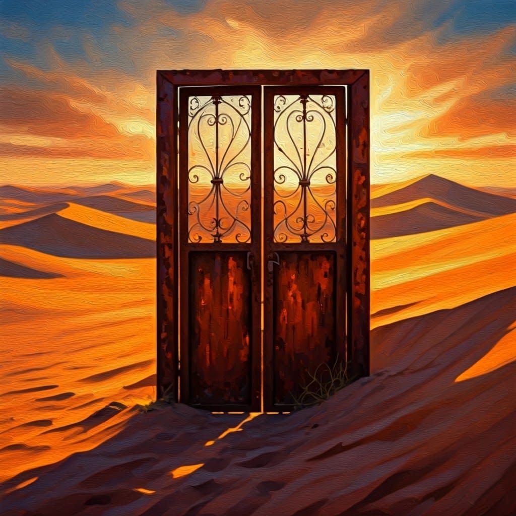 Rusted Iron Door Amidst Desert Dunes