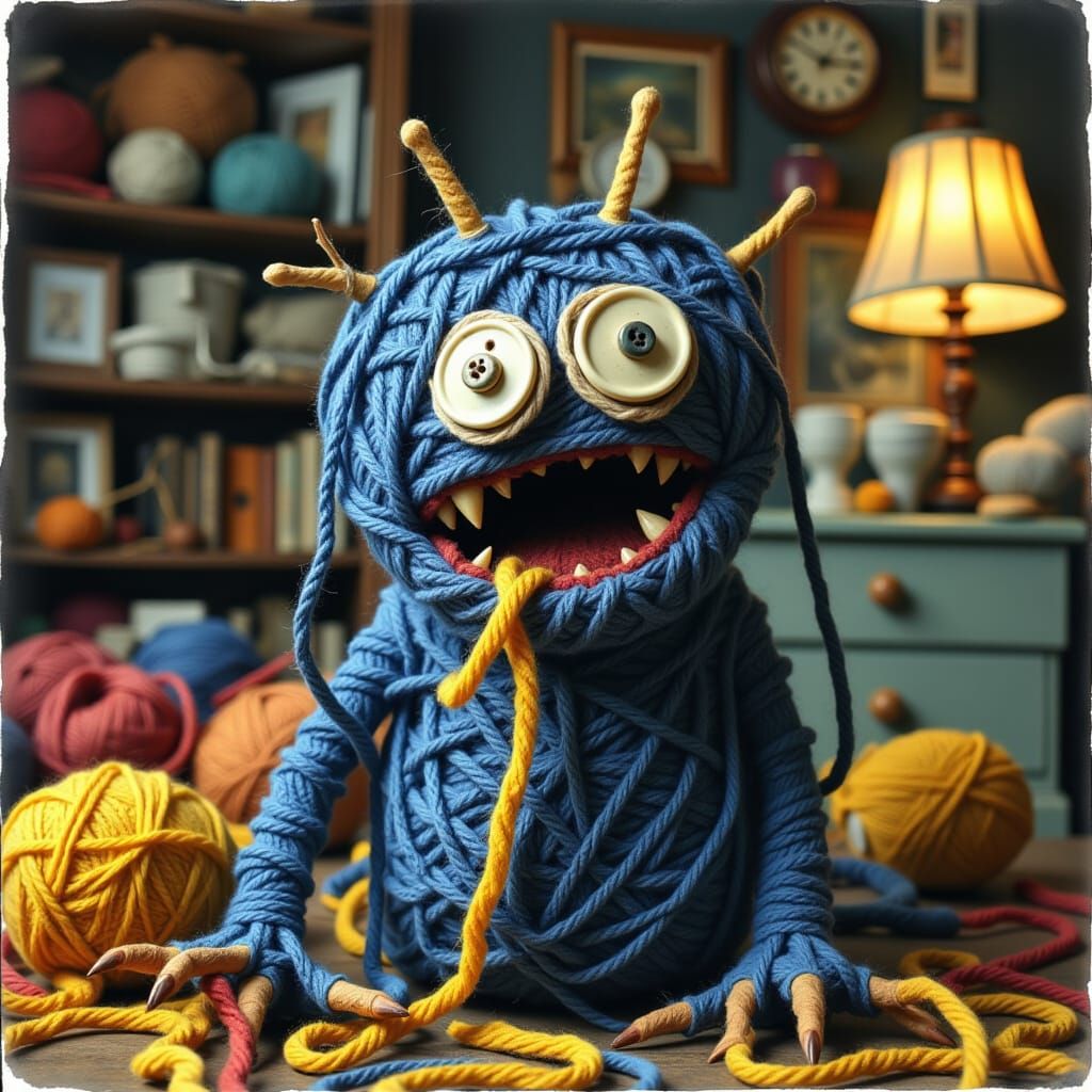 Royal Blue and Yellow Wool Yarn Monster