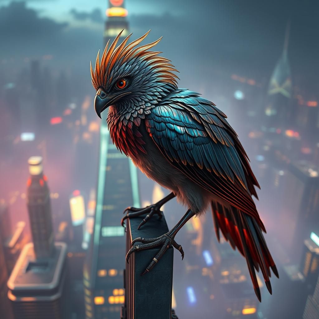 Cyberpunk Bird Overlooking Neon Metropolis