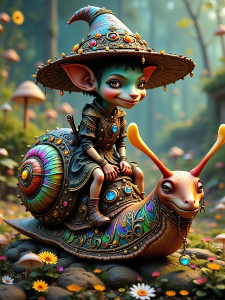 Goblin Merchant on a Majestic Snail, Whimsical Meadown Scene