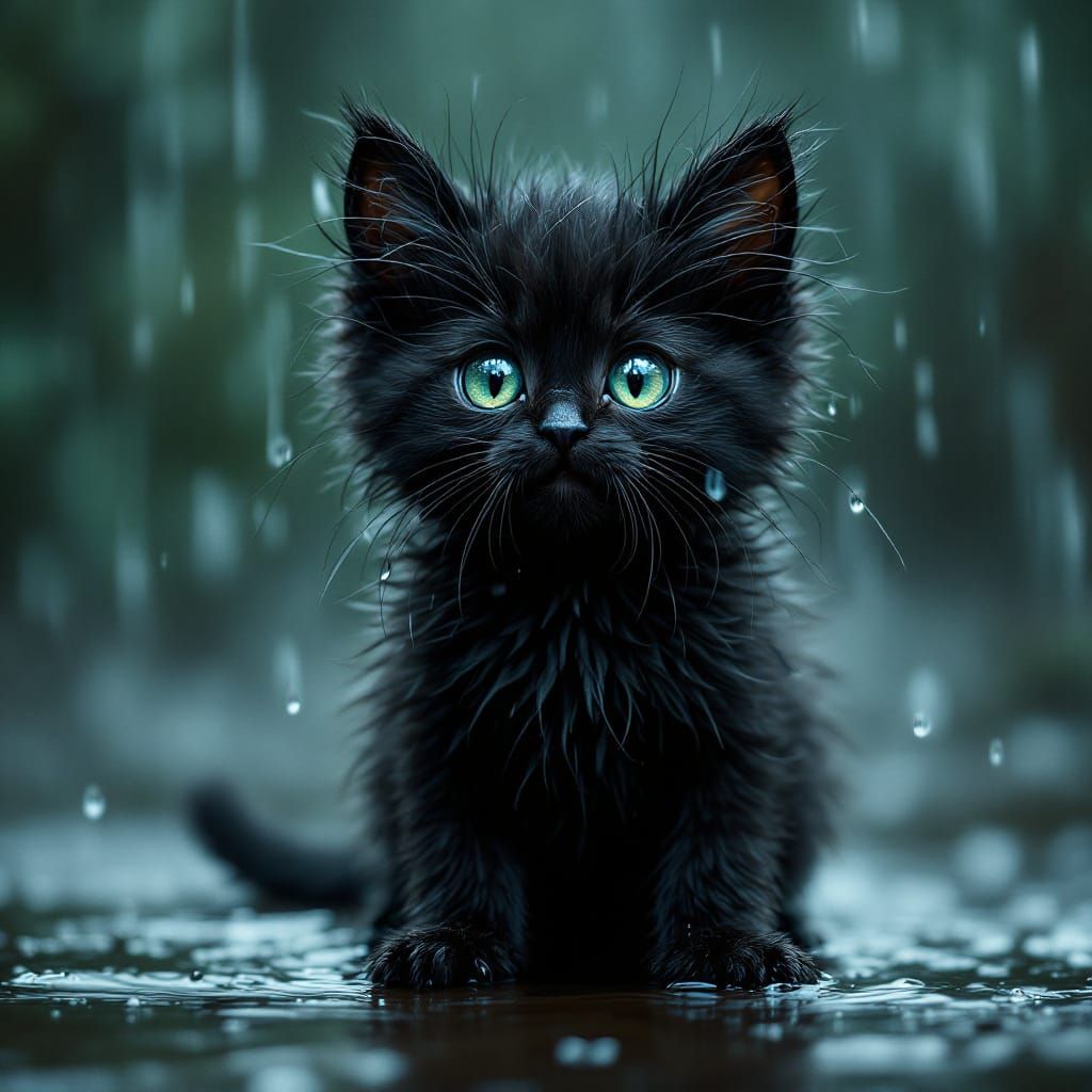 Rainy Kitten: Cinematic Portrait of a Floofy Feline