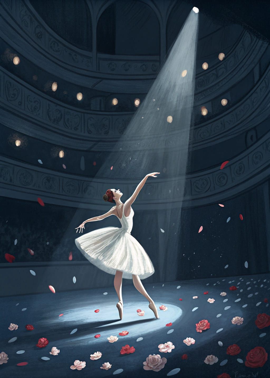 Ballerina in Ethereal Light on Dark Stage