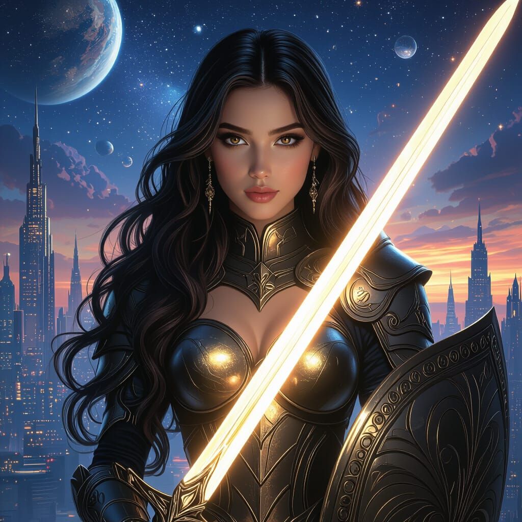 Fantasy Warrior Woman with Glowing Sword in Futuristic City